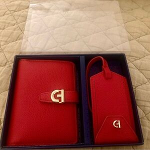 Cole Haan Essential Travel Set Red Leather Passport/Luggage Tag Set Elegant